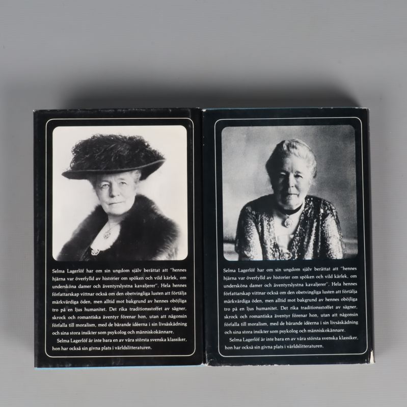 Baksidor av två Selma Lagerlöf-böcker med svartvita porträtt
