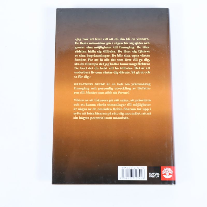 Baksida av Greatness guide med beskrivande text och ISBN