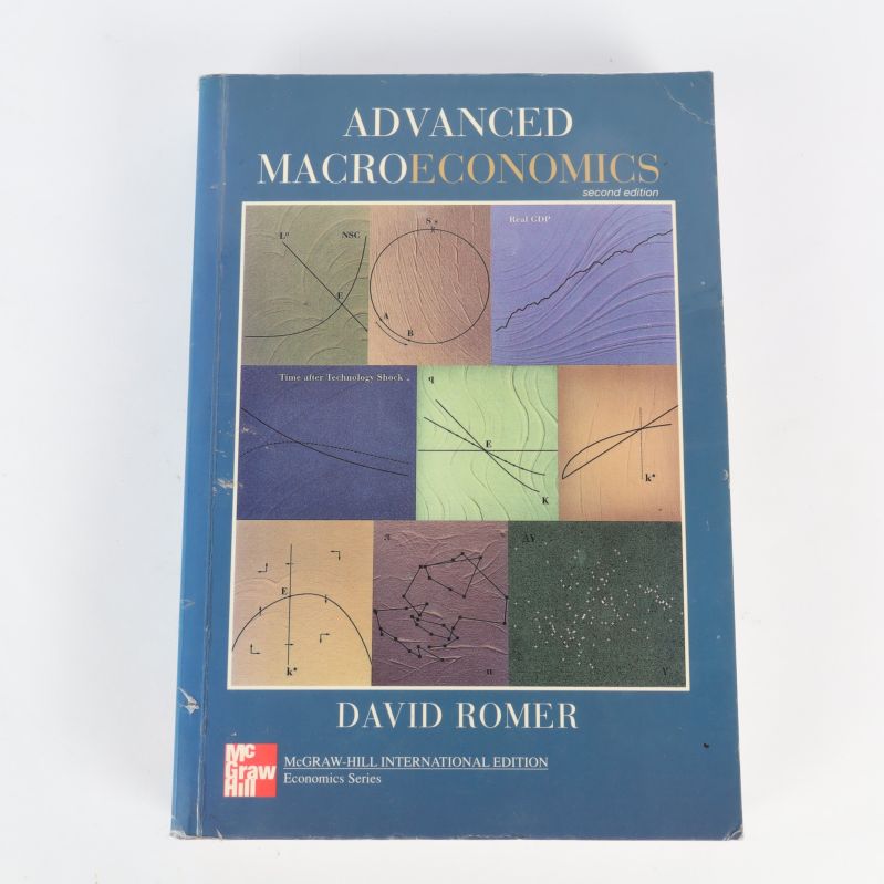 Framsidan av boken Advanced Macroeconomics andra upplagan med grafer och blått omslag