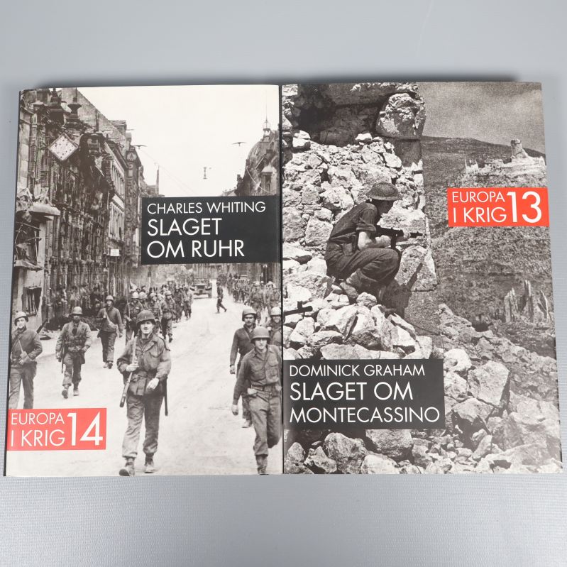 Två historieböcker med svartvita omslag: Slaget om Ruhr och Slaget om Montecassino