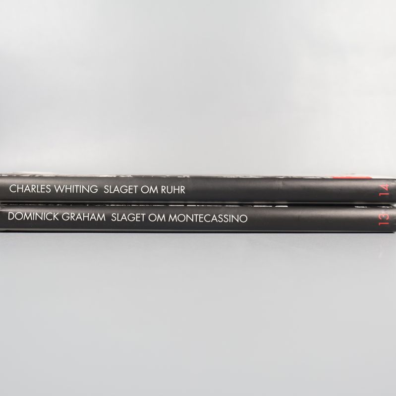 Ryggerna av två böcker med tydliga titlar och författarnamn i vit text