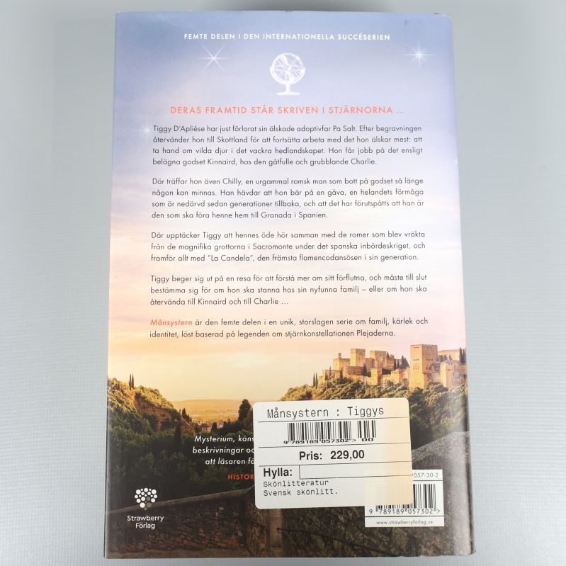 Baksida av boken Månsystern med beskrivning och prislapp
