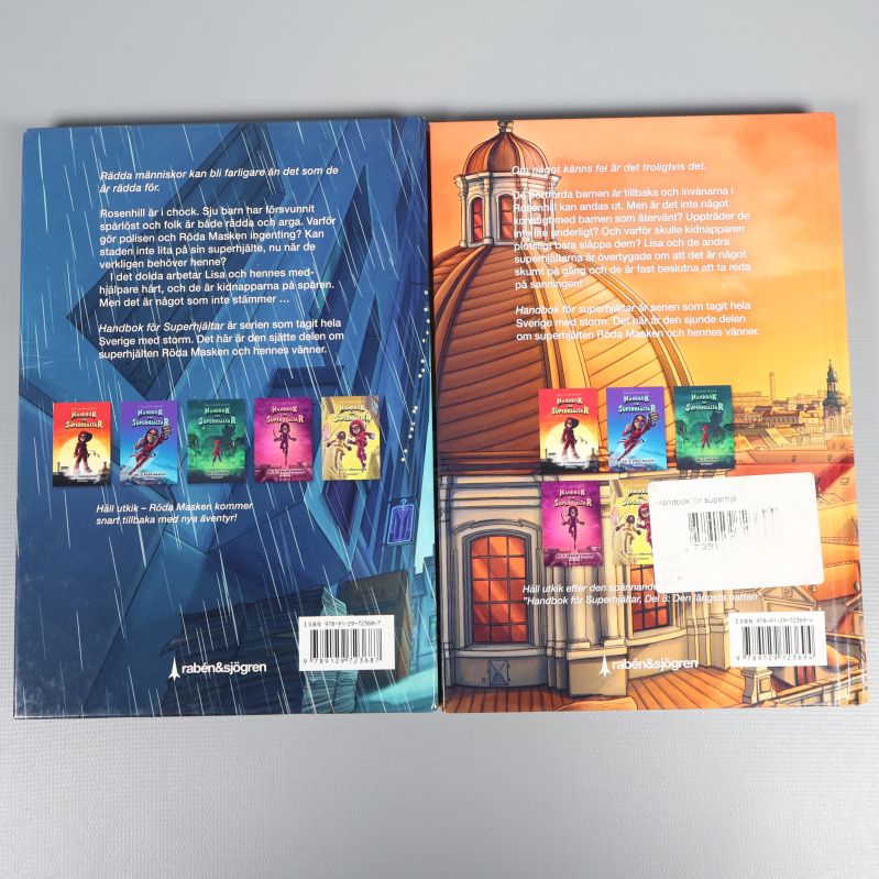 Baksidor av Handbok för superhjältar del 6 och 7 med sammanfattning och bilder
