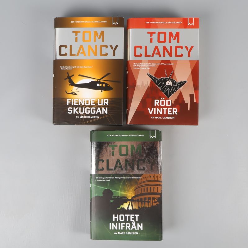 Tre Tom Clancy-böcker av Marc Cameron i färgglada omslag, framsida synlig
