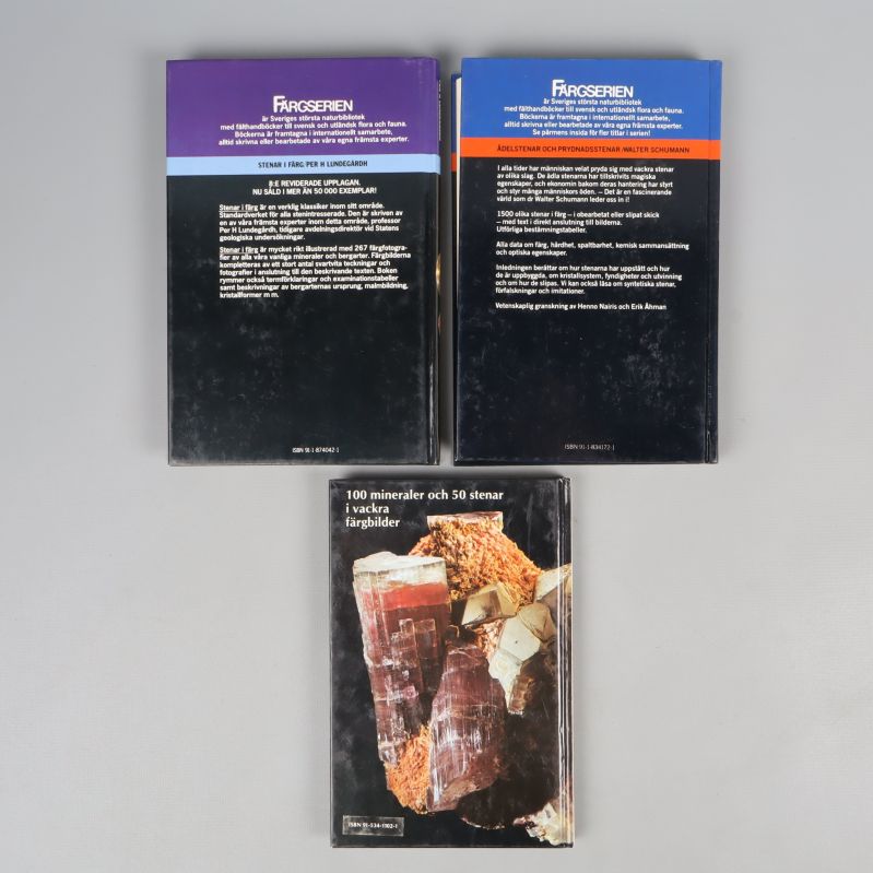 Baksidor av tre faktaböcker om stenar och mineraler, inklusive ISBN