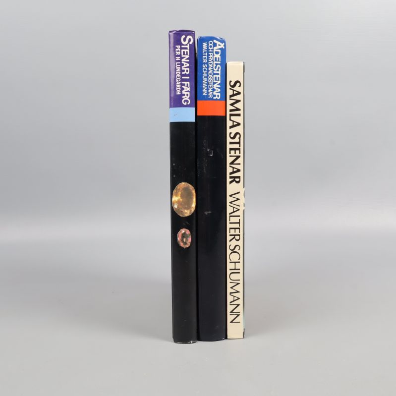 Ryggar på tre böcker om stenar, tydliga titlar och författarnamn