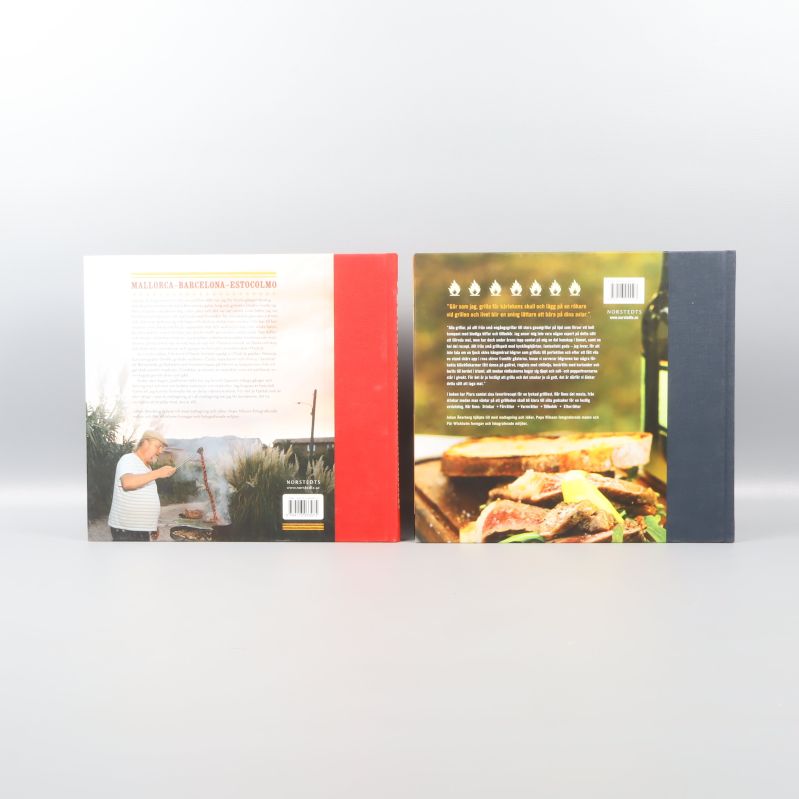 Baksidor av kokböcker med författare och matbilder samt streckkoder