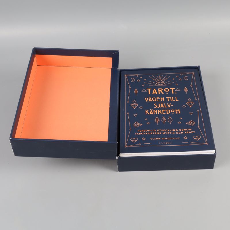 Öppen box i mörkblått med orange insida, guidebok placerad i boxen