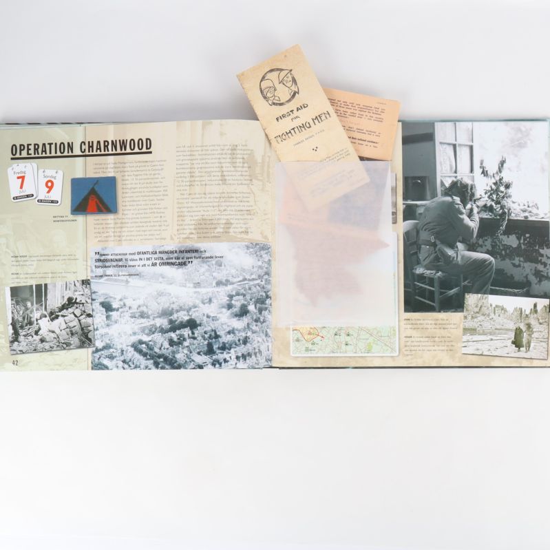 Uppslag med Operation Charnwood och historiskt bildmaterial