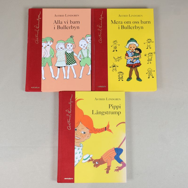 Framsida på tre Astrid Lindgren-böcker med färgstarka omslag