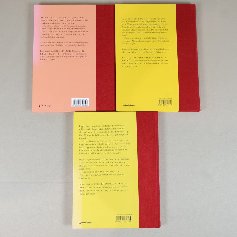 Baksidor av tre barnböcker av Astrid Lindgren med text och streckkod