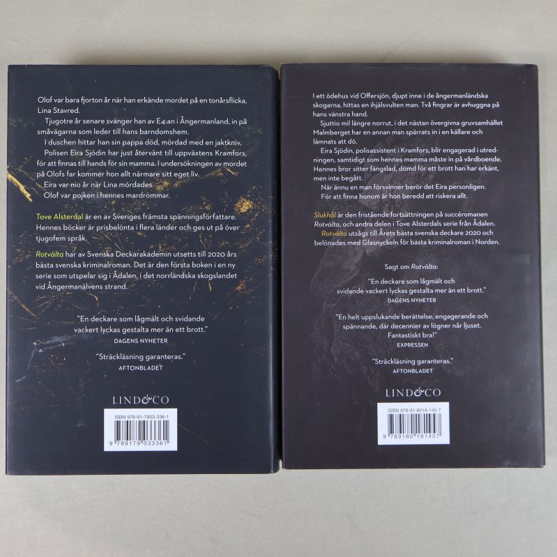 Baksidorna av böckerna Rotvälta och Slukhål av Tove Alsterdal med text och citat