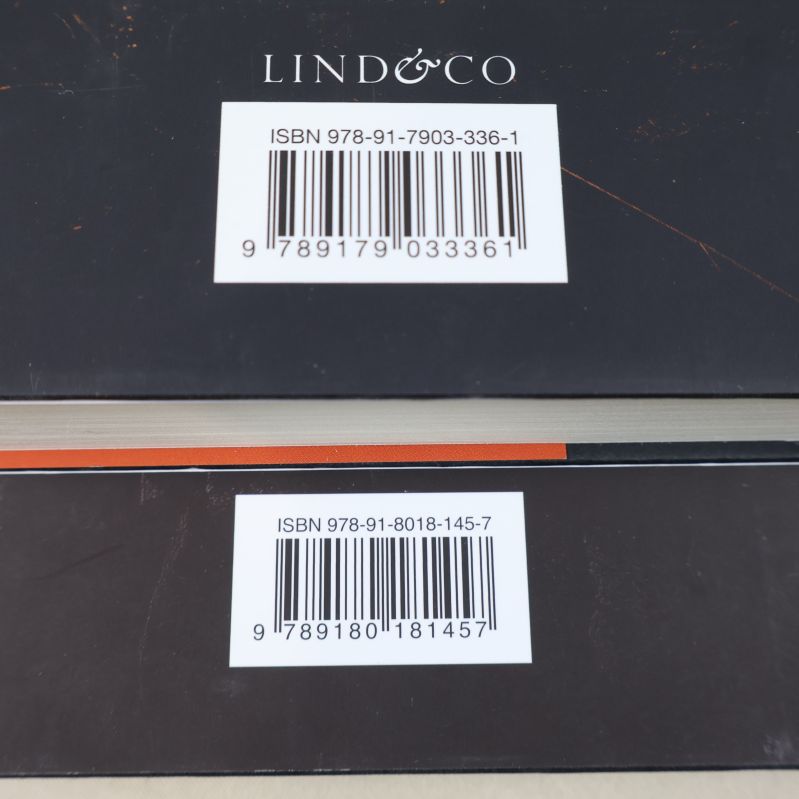 Närbild av ISBN-streckkoder på baksidan av Rotvälta och Slukhål