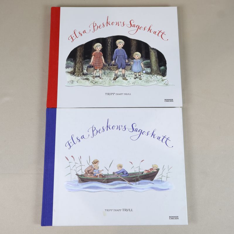 Två böcker ur Elsa Beskows Sagoskatt med färgglada omslag