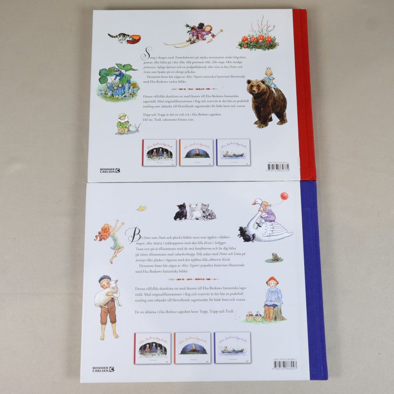 Baksidor av två Elsa Beskow-böcker med illustrationer och kort beskrivning