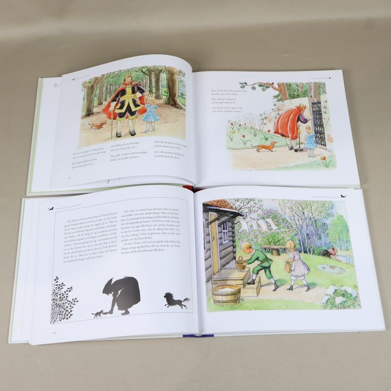 Uppslag ur Elsa Beskows Sagoskatt med färgillustrationer och text
