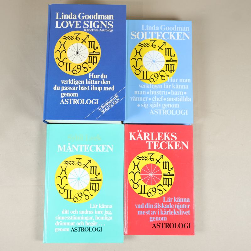 Fyra böcker om astrologi med starka färgglada omslag
