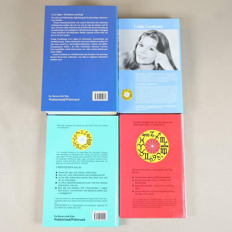 Baksidor av fyra astrologiböcker inklusive författarfoto