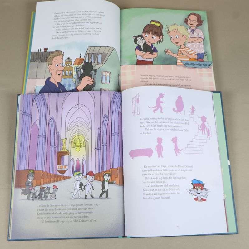 Uppslag med färgglada illustrationer och text ur Pelle Svanslös-böckerna