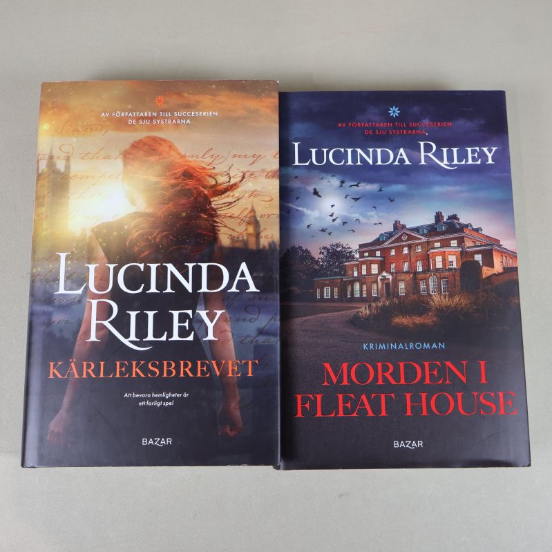 Framsidor av två böcker: Kärleksbrevet och Morden i Fleat House av Lucinda Riley