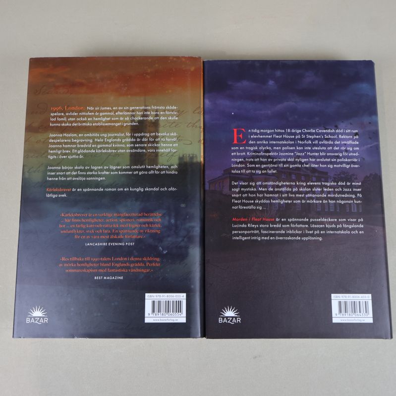 Baksidor av böckerna Kärleksbrevet och Morden i Fleat House