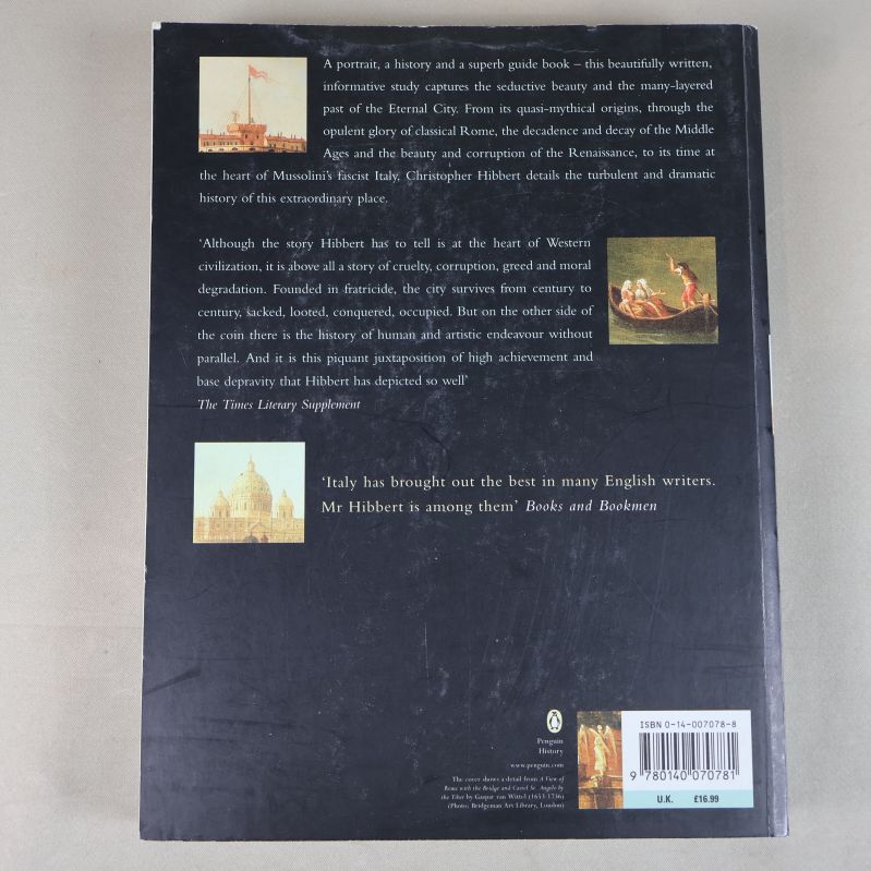 Baksidan av boken Rome - The Biography of a City med text och ISBN