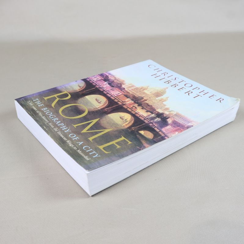 Boken sedd från annan vinkel ovanifrån, visar omslag och sidor