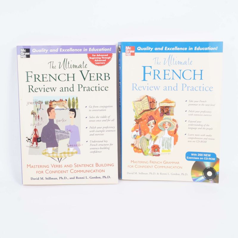 Två böcker om fransk grammatik och verbträning med färgglada omslag