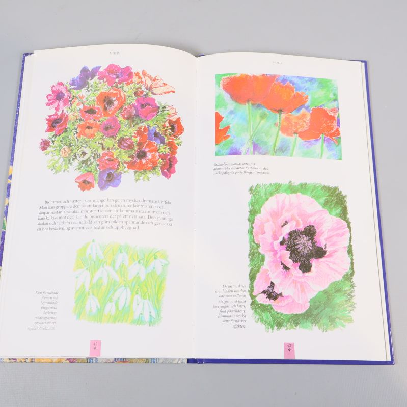 Uppslag från Olje Pasteller med blomstermotiv i färgglada pasteller