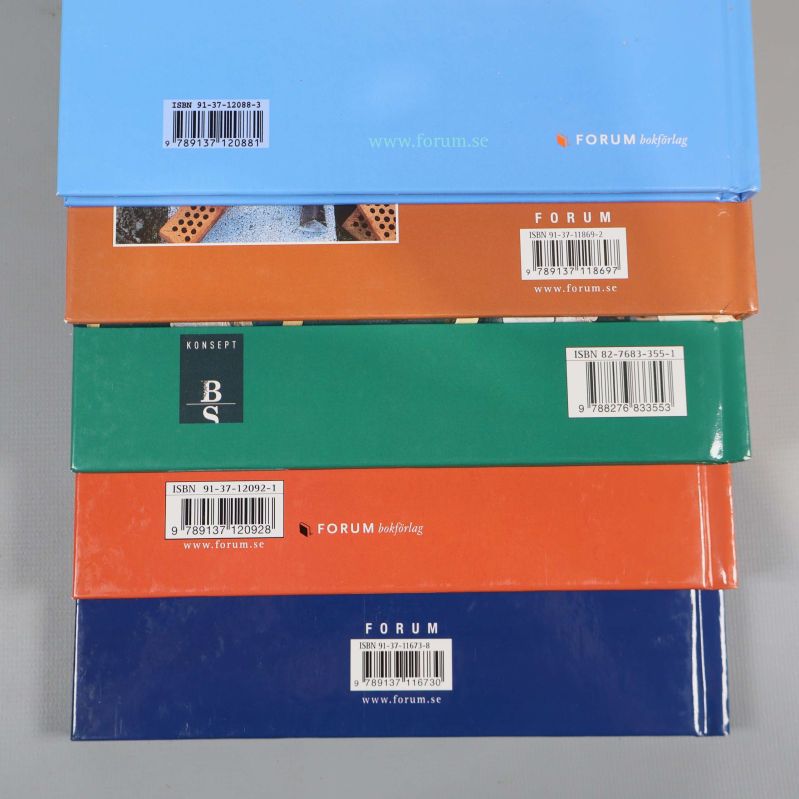 Närbild av böckernas baksidor med streckkoder och ISBN