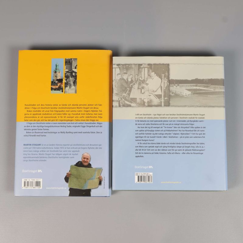 Baksidor på två böcker om Stockholm med text och bilder