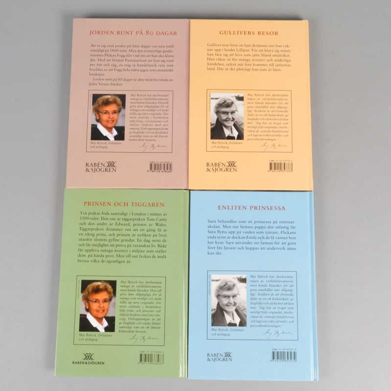 Baksidor av fyra klassiska äventyrsböcker med beskrivning