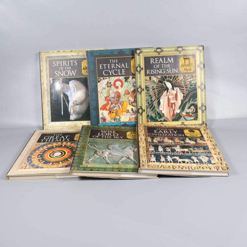 Sex böcker ur serien Myth and Mankind med färgglada omslag
