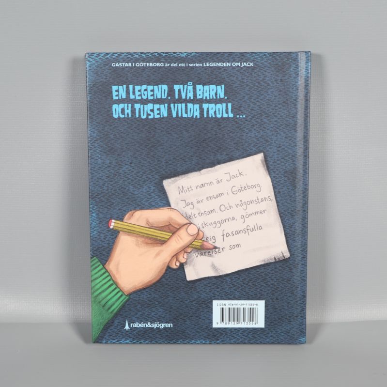 Baksidan av Gastar i Göteborg med text och illustration