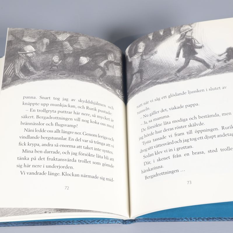 Uppslag inuti boken Troll i järngruvan med svartvit illustration
