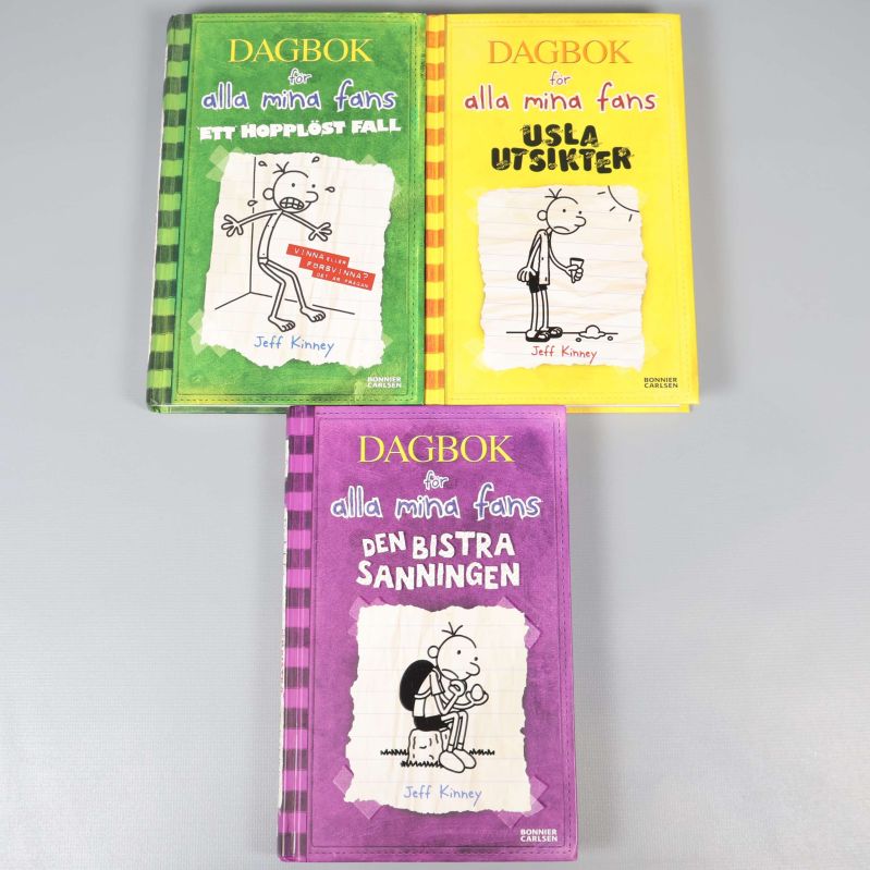 Tre böcker Dagbok för alla mina fans framsidor grönt, gult, lila