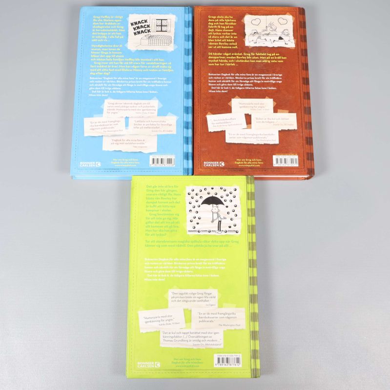 Baksidor av tre böcker ur Dagbok för alla mina fans, med text och illustrationer
