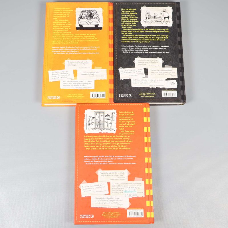 Baksidor av tre böcker ur Dagbok för alla mina fans-serien med citat och illustrationer