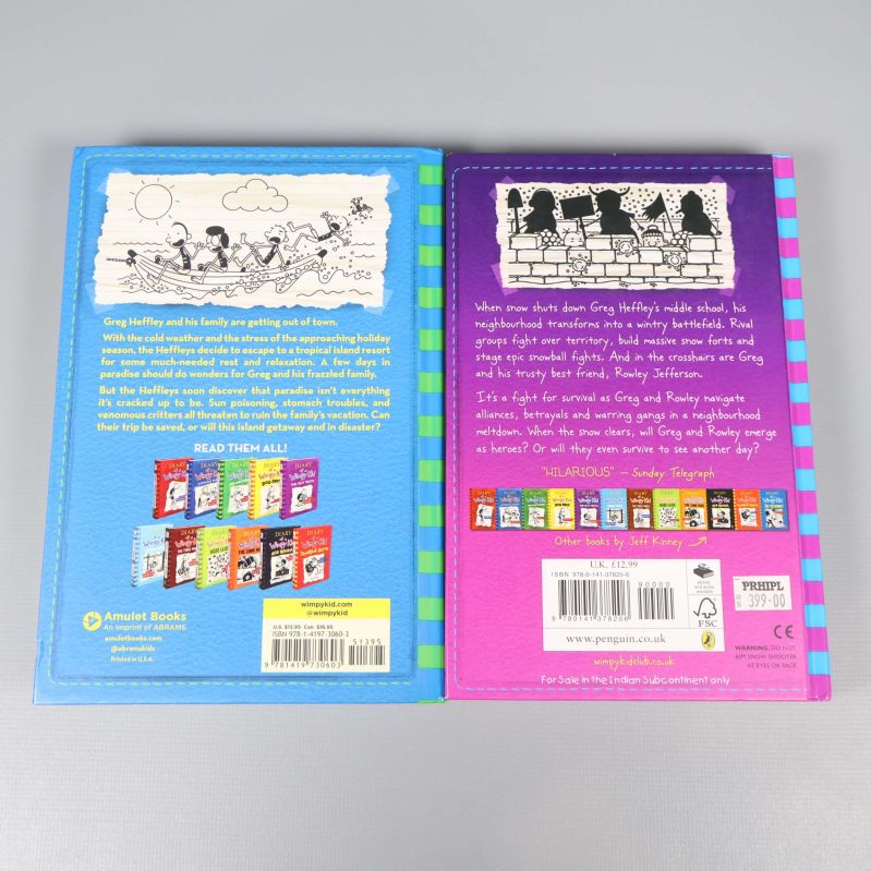 Baksida av båda böckerna Diary of a Wimpy Kid, med beskrivande text och ISBN