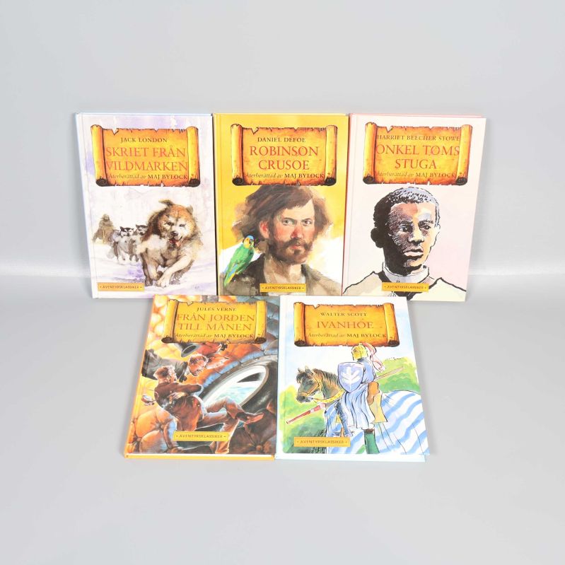 Fem klassiska äventyrsböcker med illustrerade omslag i färg