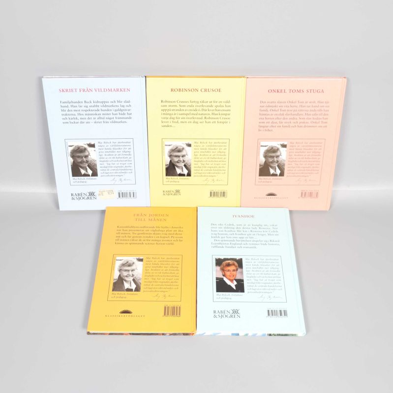 Baksidor av fem böcker med författarfoto och beskrivning