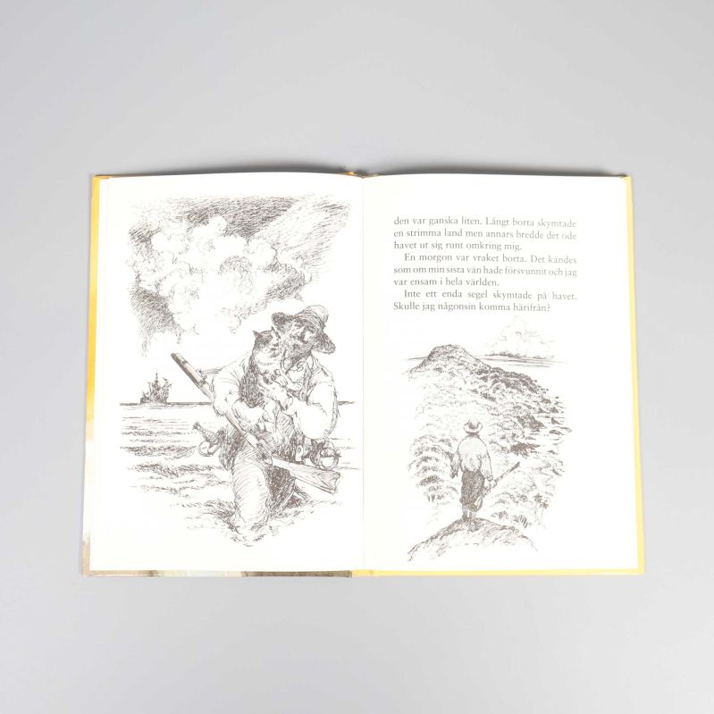 Uppslag med svartvita illustrationer och svensk text