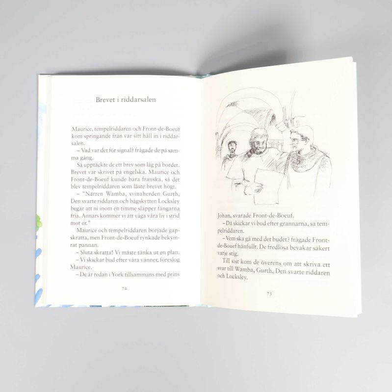 Uppslag med svensk text och tecknade personer