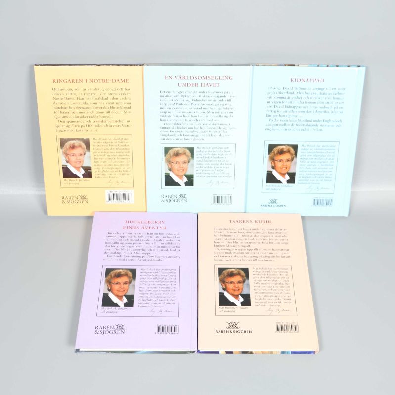Baksidor av fem klassiska böcker med text och foto på Maj Bylock
