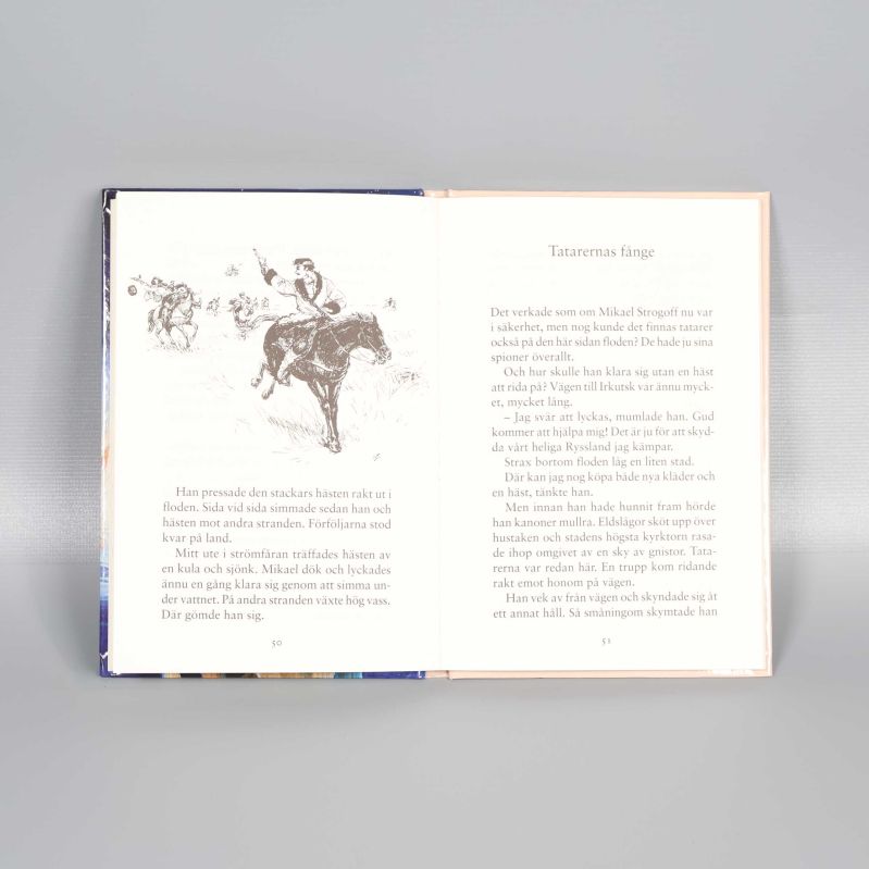 Uppslag ur bok med illustration av ridande person och text