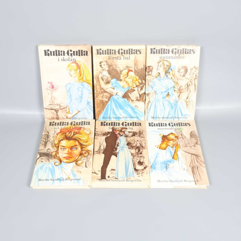 Sex Kulla-Gulla-böcker av Martha Sandwall-Bergström med färgglada retro-omslag