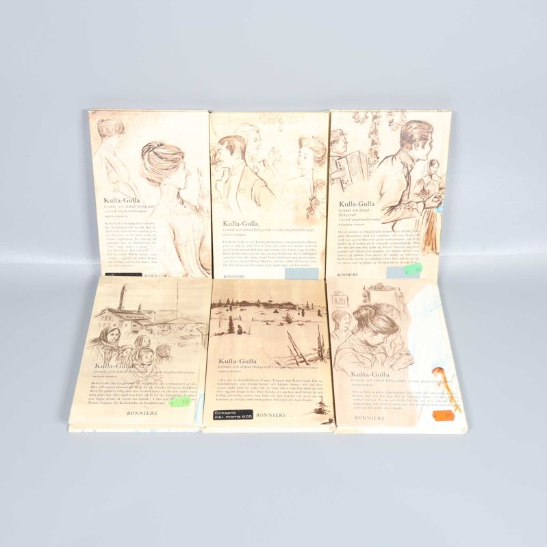 Baksidor av sex Kulla-Gulla-böcker med illustrerade motiv och förlagstext