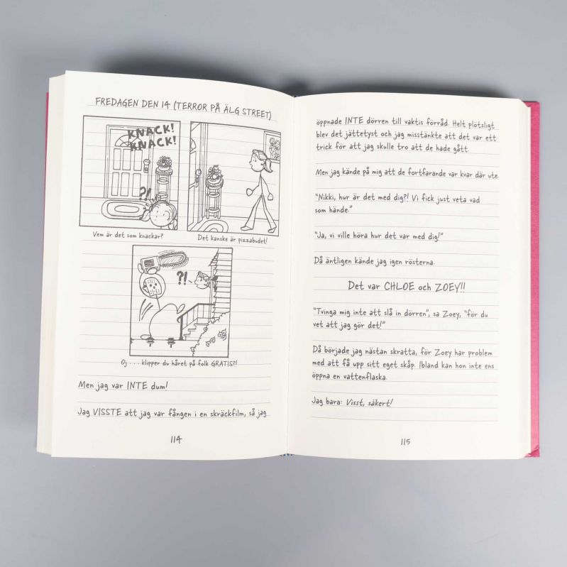 Uppslag ur Nikkis dagbok med handskriven text och tecknade bilder