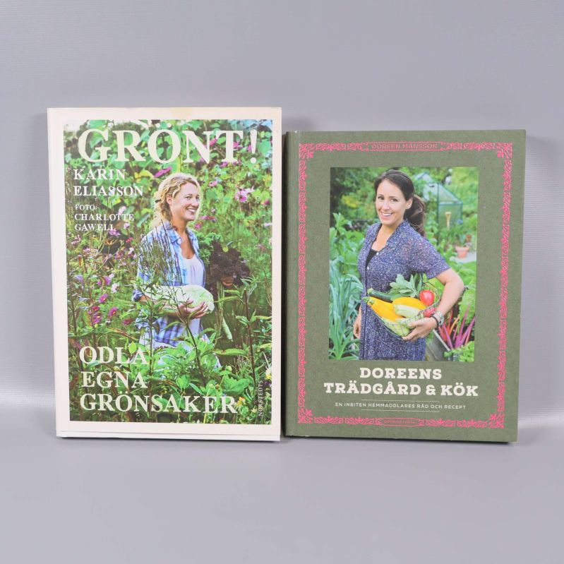 Två böcker: Grönt! Odla egna grönsaker och Doreens trädgård & kök med färgfoton av författarna