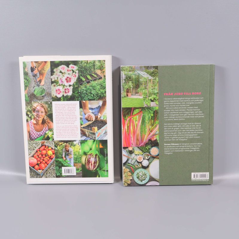 Baksidor av två böcker med färgrika foton och texter om innehållet